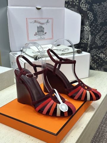GIÀY SANDAL CAO GÓT NỮ H M NOUR DA DÊ SUEDE, HỌA TIẾT CHAÎNE D’ANCRE, ĐẾ XUỒNG 10,5 CM