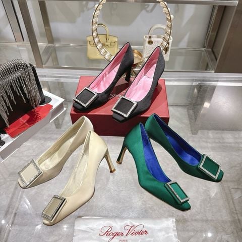 GIÀY CAO GÓT NỮ RV 7cm PHIÊN BẢN BELL VIVIER SATIN KHÓA VUÔNG ĐÁ LẤP LÁNH