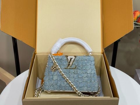 TÚI XÁCH NỮ L V CAPUCINES MINI DENIM RENDEZ-VOUS PHỐI DA TAURILLON, DÂY CHAIN BỆN KÈM CHARM