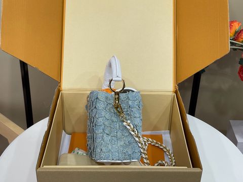 TÚI XÁCH NỮ L V CAPUCINES MINI DENIM RENDEZ-VOUS PHỐI DA TAURILLON, DÂY CHAIN BỆN KÈM CHARM