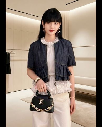 TÚI XÁCH NỮ L V CAPUCINES SUNBEAM DA BÊ TAURILLON, DÂY XÍCH TRANG SỨC PHỐI HẠT