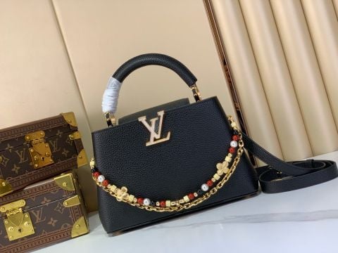 TÚI XÁCH NỮ L V CAPUCINES SUNBEAM DA BÊ TAURILLON, DÂY XÍCH TRANG SỨC PHỐI HẠT