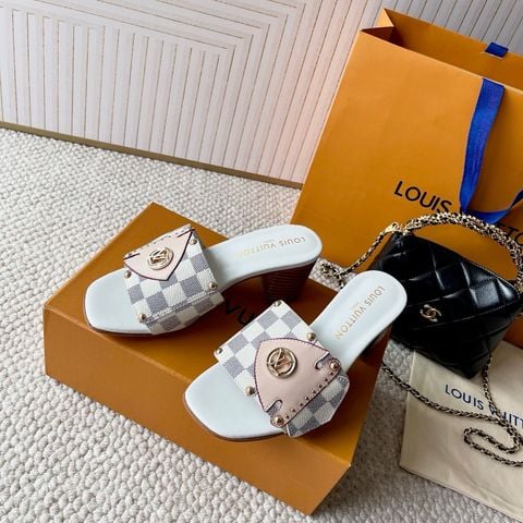 DÉP NỮ LV* DAMIER LOGO TRÒN – BỆT / GÓT ~5.5CM