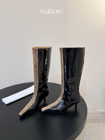 BOOTS CAO CỔ NỮ H D M MŨI VUÔNG PHỐI DA BÓNG & SUEDE GÓT TẠO HÌNH