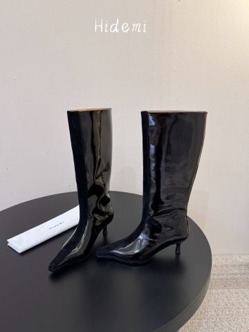 BOOTS CAO CỔ NỮ H D M MŨI VUÔNG PHỐI DA BÓNG & SUEDE GÓT TẠO HÌNH