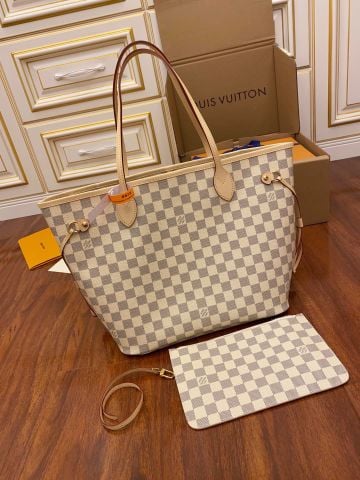 TÚI XÁCH NỮ LV* NEVERFULL MM DAMIER AZUR – 2 PHIÊN BẢN LÓT MÀU HỒNG/BE, CHUẨN CAO CẤP