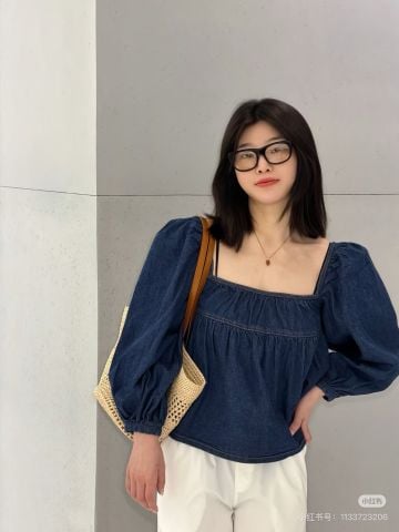 ÁO BLOUSE DENIM NỮ Y S L CỔ VUÔNG TAY PHỒNG