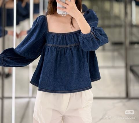 ÁO BLOUSE DENIM NỮ Y S L CỔ VUÔNG TAY PHỒNG