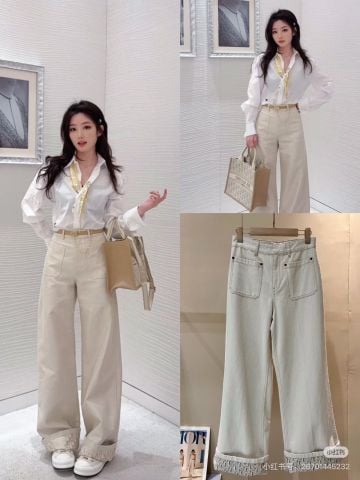 QUẦN JEANS NỮ D CẠP CAO ỐNG RỘNG LẬT GẤU HỌA TIẾT OBLIQUE