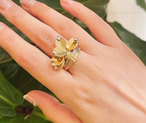 NHẪN NỮ C T GRAIN DE CAFÉ COFFEE BEAN RING – THIẾT KẾ LÁ CÀ PHÊ RETRO ĐÍNH ĐÁ