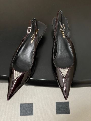 GIÀY SLINGBACK NỮ YSL MŨI NHỌN ĐÍNH ĐÁ TINH TẾ – KITTTEN HEEL 4CM THANH MẢNH, TÔN DÁNG SANG