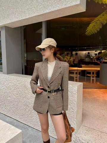 ÁO BLAZER NỮ CEL* HỌA TIẾT KẺ Ô DÁNG SUÔNG THẮT LƯNG DA TÔN EO