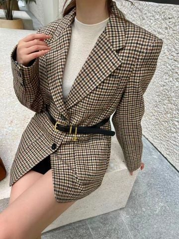 ÁO BLAZER NỮ CEL* HỌA TIẾT KẺ Ô DÁNG SUÔNG THẮT LƯNG DA TÔN EO