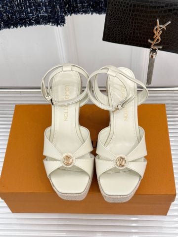 GIÀY CAO GÓT NỮ L V ĐẾ XUỒNG ESPADRILLE QUAI DA PHỐI LOGO KIM LOẠI GÓT 11CM