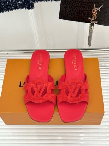DÉP BỆT NỮ L V ISOLA FLAT QUAI DA LỘN CUT-OUT LV CIRCLE PHOM VUÔNG SANG TRỌNG