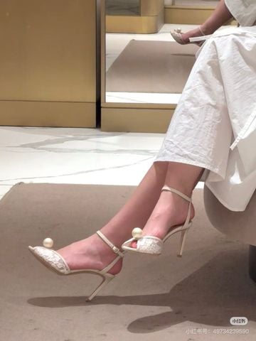 SANDAL CAO GÓT NỮ J C SACORA LACE PEARL – REN HOA IVORY, NGỌC TRAI LỚN, GÓT 8.5/10CM