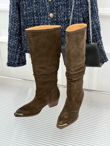 BỐT CAO CỔ NỮ C L PHOM WESTERN DA BÒ LỘN MŨI BỌC KIM LOẠI