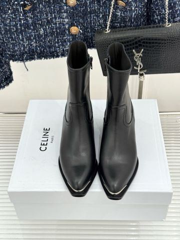 BỐT NỮ C L PHOM WESTERN MŨI NHỌN BỌC KIM LOẠI, DA BÊ CAO CẤP