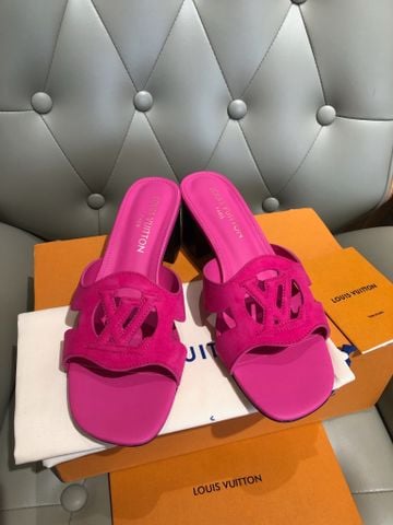 DÉP NỮ L V LV ISOLA MULE DA BÊ SUEDE NÂU GÓT 5CM – QUAI CUT-OUT LV CIRCLE THANH LỊCH