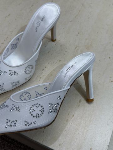 DÉP CAO GÓT NỮ L V MŨI NHỌN LƯỚI XUYÊN THẤU ĐÍNH PHA LÊ MONOGRAM GÓT 8.5CM