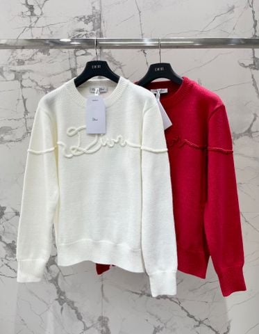 ÁO LEN NỮ DIOR* LEN LÔNG CỪU THÊU CHỮ DÂY RUY BĂNG ĐỎ & TRẮNG