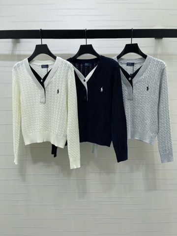 ÁO LEN NỮ P R L LAYERED-LOOK V-NECK – CABLE-KNIT POINTELLE, 100% WOOL