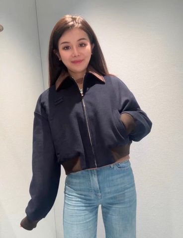 ÁO KHOÁC NỮ MIU M* CỔ NHUNG TĂM NÂU DÁNG NGẮN