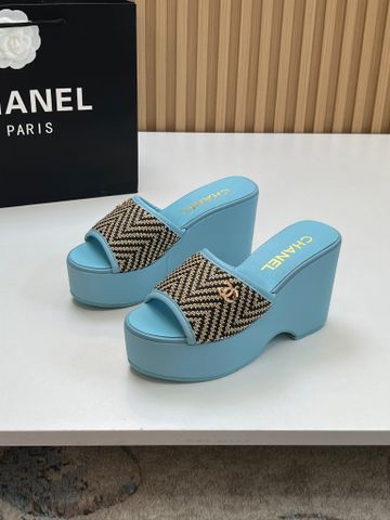 DÉP XUỒNG NỮ C H RAFFIA & LAMBSKIN PLATFORM MULE GÓT 9.9CM