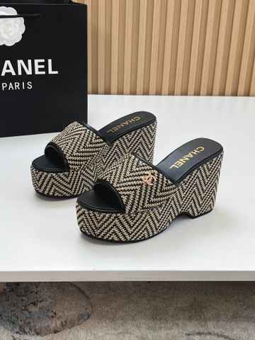 DÉP XUỒNG NỮ C H RAFFIA & LAMBSKIN PLATFORM MULE GÓT 9.9CM