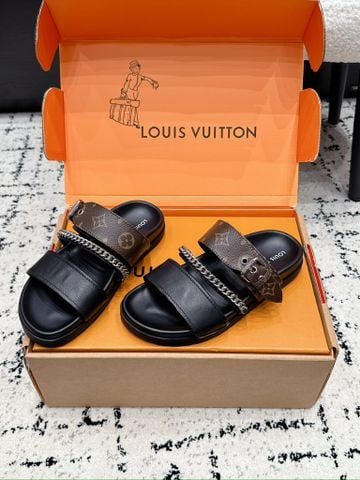 DÉP SANDAL NỮ L V HÀNG ĐỘC PHỐI CANVAS MONOGRAM DÂY KHÓA BẢN LỚN CHAIN KIM LOẠI