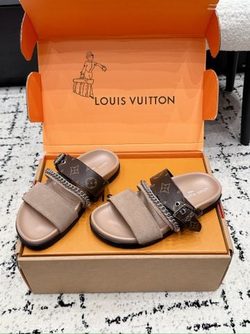 DÉP SANDAL NỮ L V HÀNG ĐỘC PHỐI CANVAS MONOGRAM DÂY KHÓA BẢN LỚN CHAIN KIM LOẠI