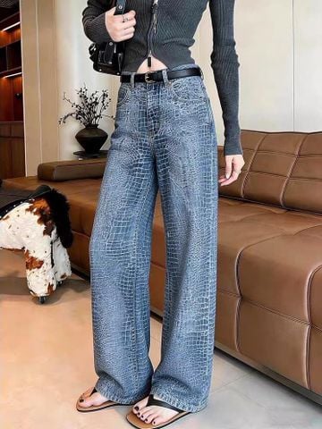 QUẦN JEANS NỮ CN VÂN CÁ SẤU DÁNG ỐNG SUÔNG RỘNG CÁ TÍNH