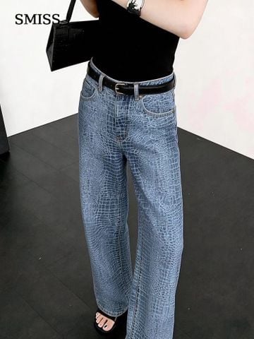 QUẦN JEANS NỮ CN VÂN CÁ SẤU DÁNG ỐNG SUÔNG RỘNG CÁ TÍNH