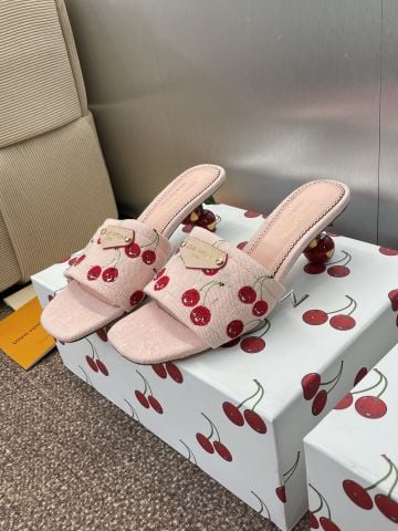 Dép cao gót L*V  phiên bản Xuân Hè  họa tiết Cherry Denim