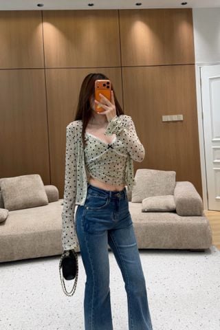 QUẦN JEANS NỮ C N DÁNG LOE CẠP CAO – DENIM WASH HIỆU ỨNG, DOUBLE C THÊU NỔI