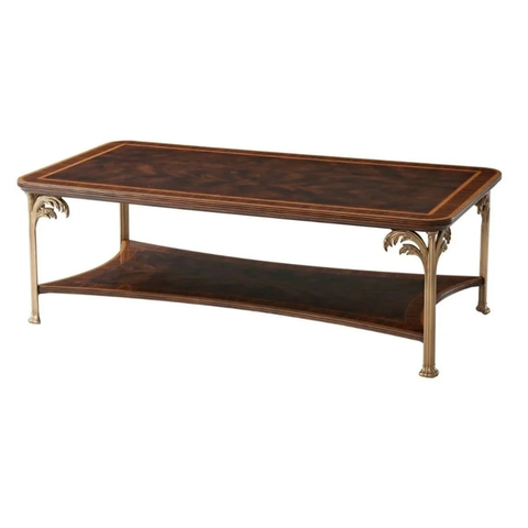 Bàn trà cổ điển 2 tầng gỗ Mahogany họa tiết cây cọ