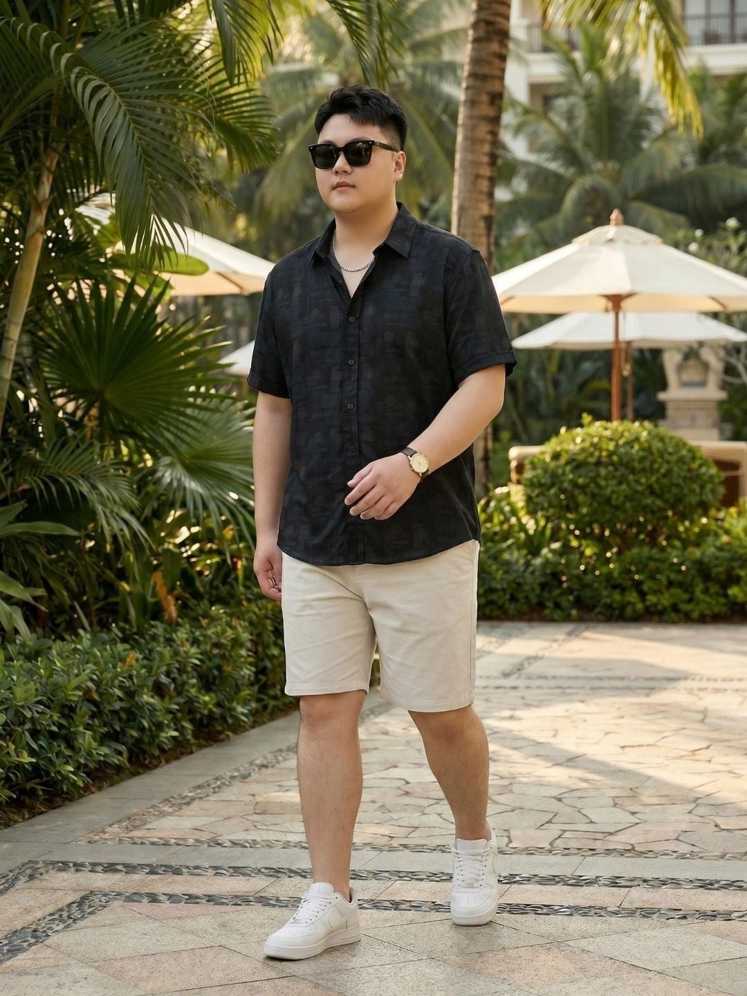 Áo Sơ Mi Đen Họa Tiết Cộc Tay Big Size Nam