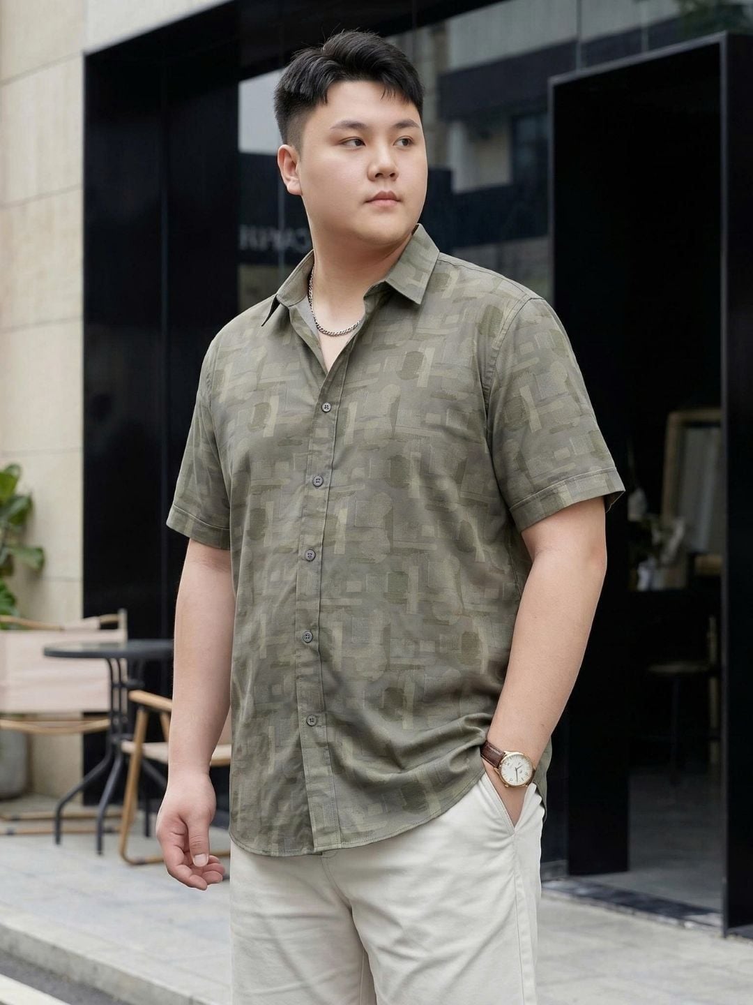 Áo Sơ Mi Ghi Họa Tiết Cộc Tay Big Size Nam