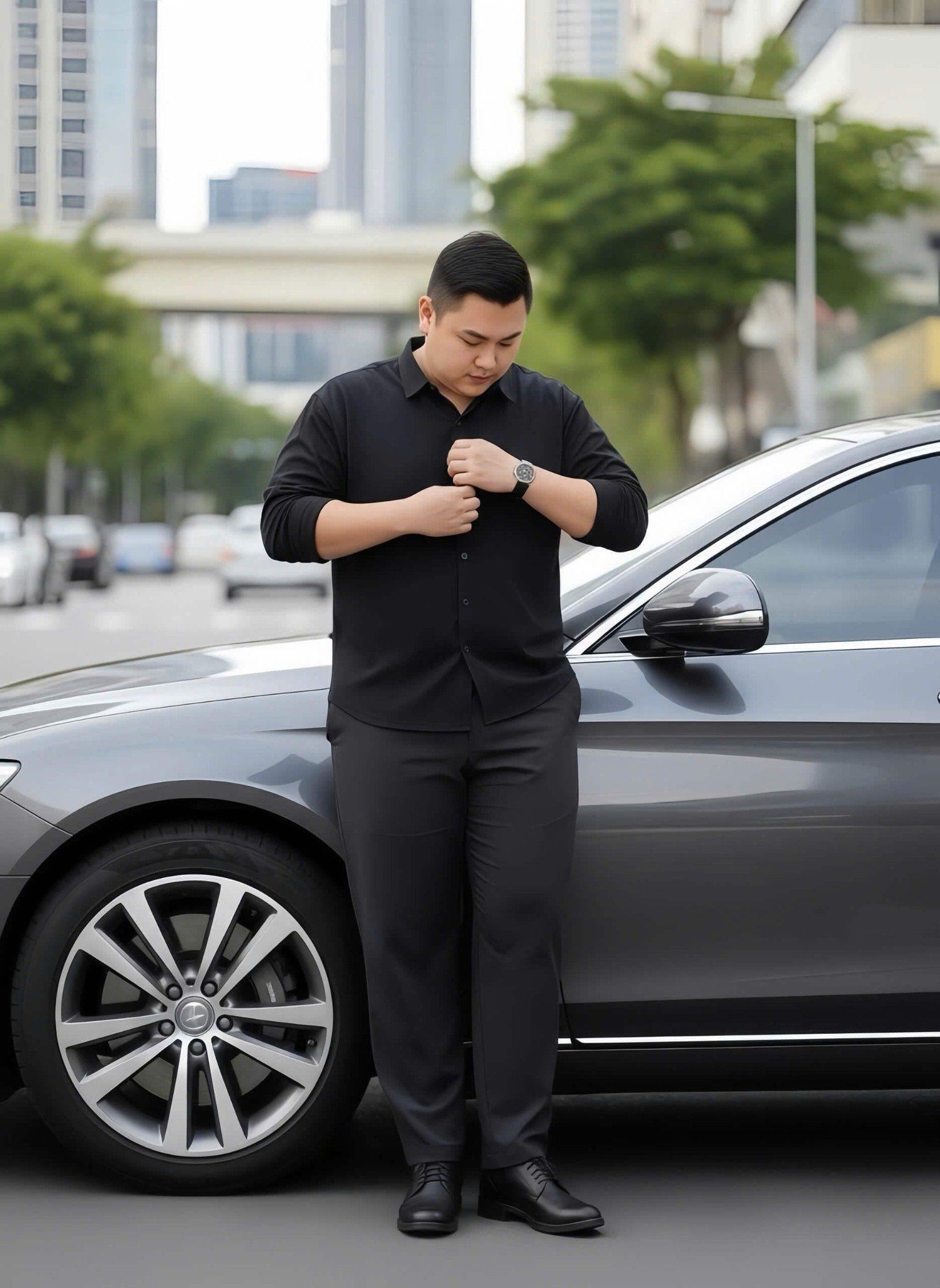 Áo Sơ Mi Đen Dài Tay Họa Tiết Chìm Big Size Nam