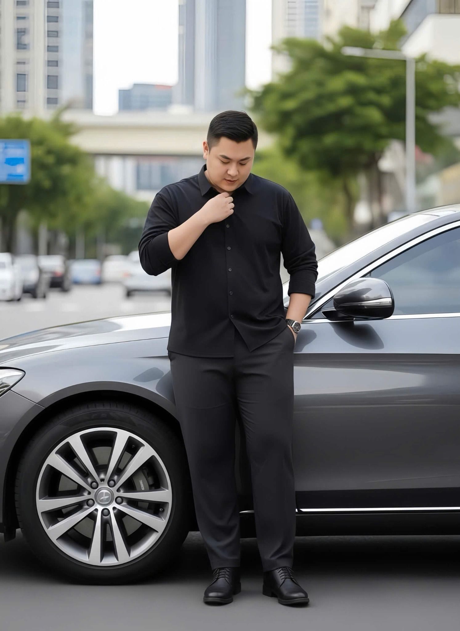 Áo Sơ Mi Đen Dài Tay Họa Tiết Chìm Big Size Nam