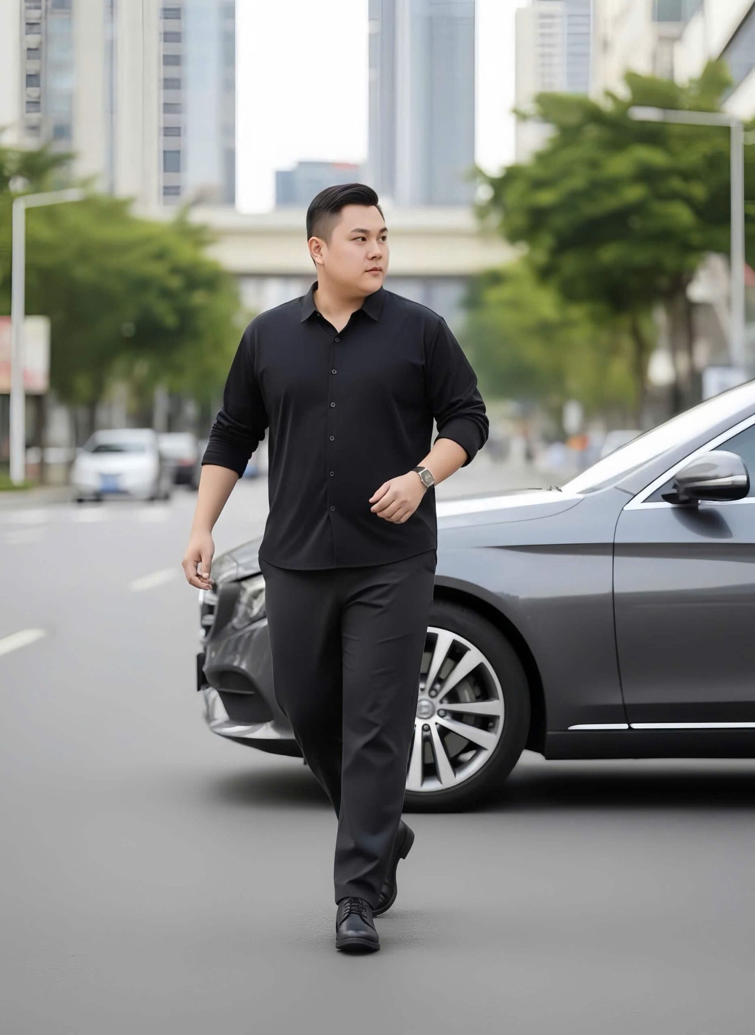 Áo Sơ Mi Đen Dài Tay Họa Tiết Chìm Big Size Nam