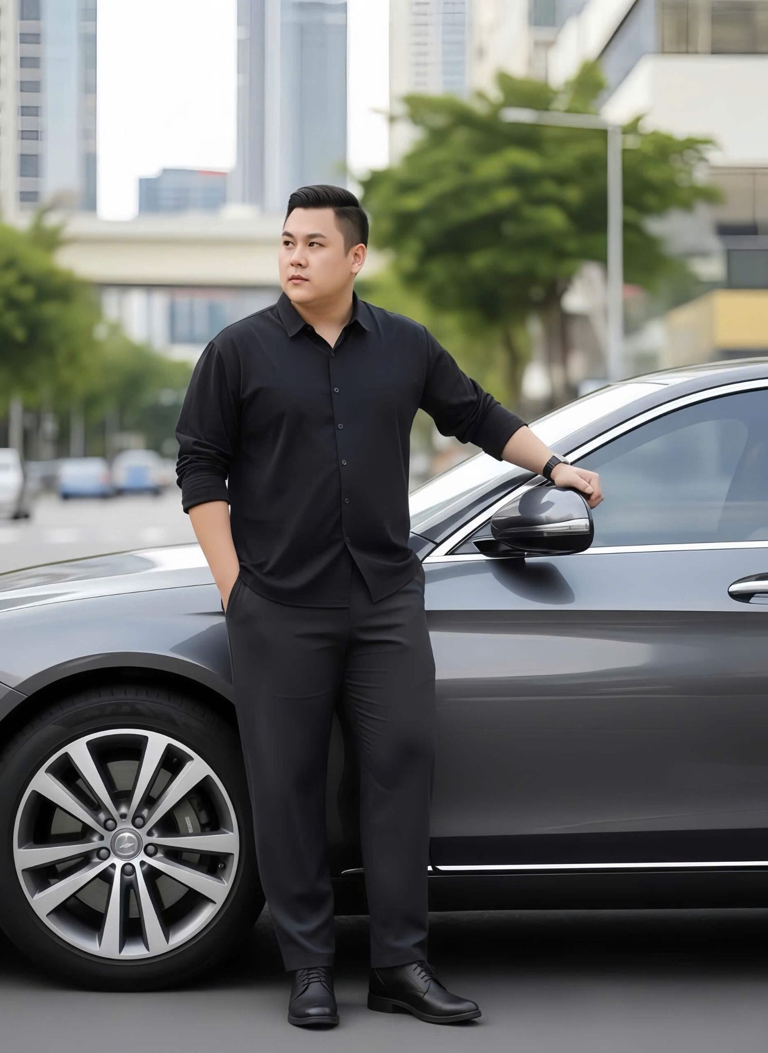 Áo Sơ Mi Đen Dài Tay Họa Tiết Chìm Big Size Nam