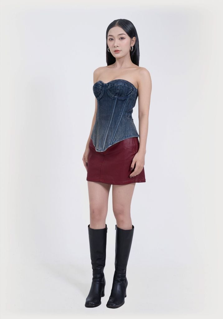Áo Denim Phom Corset, Cup Ngực Màu Xanh Đậm Phủ Tint - Dark Blue Tint Corset Denim Top With Cups - 124WD1015A1