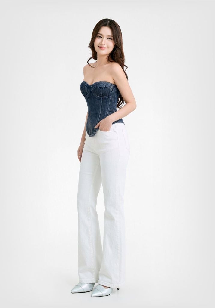 Áo Denim Phom Corset, Cup Ngực Màu Xanh Đậm Phủ Tint - Dark Blue Tint Corset Denim Top With Cups - 124WD1015A1