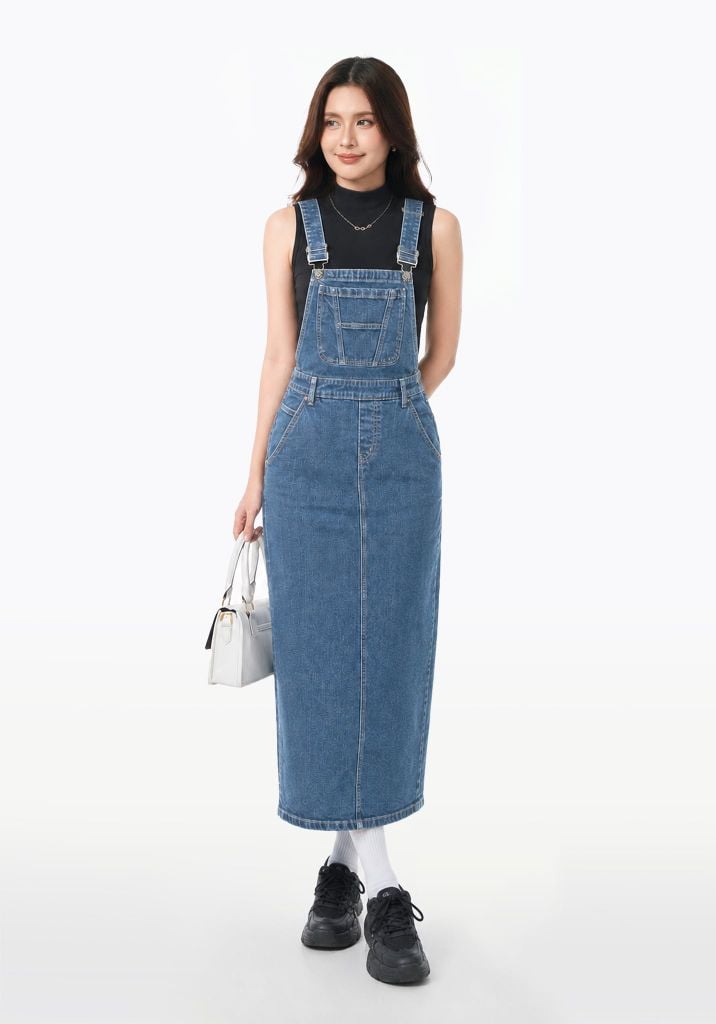 Váy Yếm Suông Dài Xẻ Thân Sau Màu Xanh Nhạt - Long Denim Pinafore Dress Light Blue - 124WD1132B1