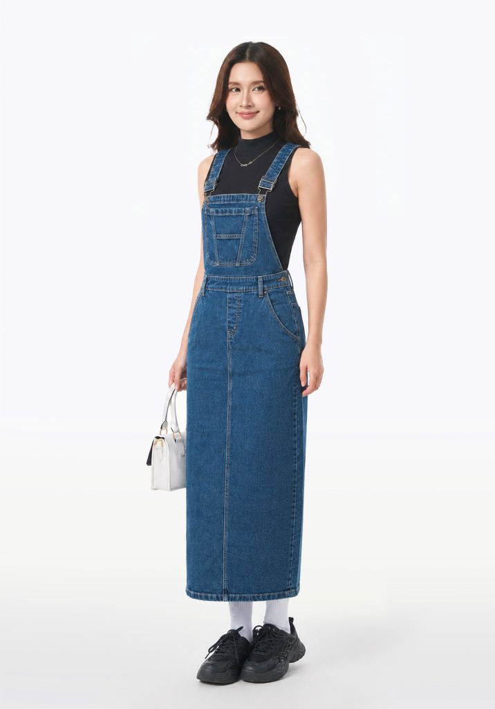 Váy Yếm Suông Dài Xẻ Thân Sau Màu Xanh Đậm - Long Denim Pinafore Dress Dark Blue - 124WD1132B1