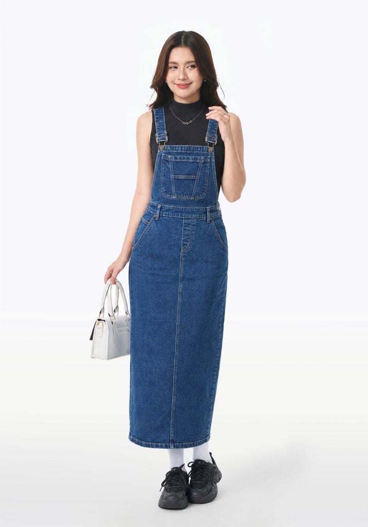 Váy Yếm Suông Dài Xẻ Thân Sau Màu Xanh Đậm - Long Denim Pinafore Dress Dark Blue - 124WD1132B1