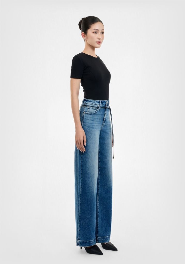 QUẦN DÀI NỮ DENIM MEDIUM BLUE FORM WIDE LEG CÓ DÂY LƯNG - 124WD2085F1