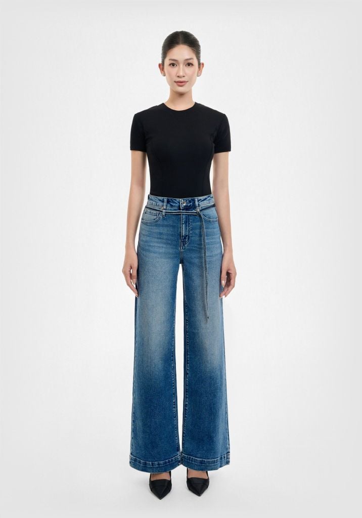 QUẦN DÀI NỮ DENIM MEDIUM BLUE FORM WIDE LEG CÓ DÂY LƯNG - 124WD2085F1