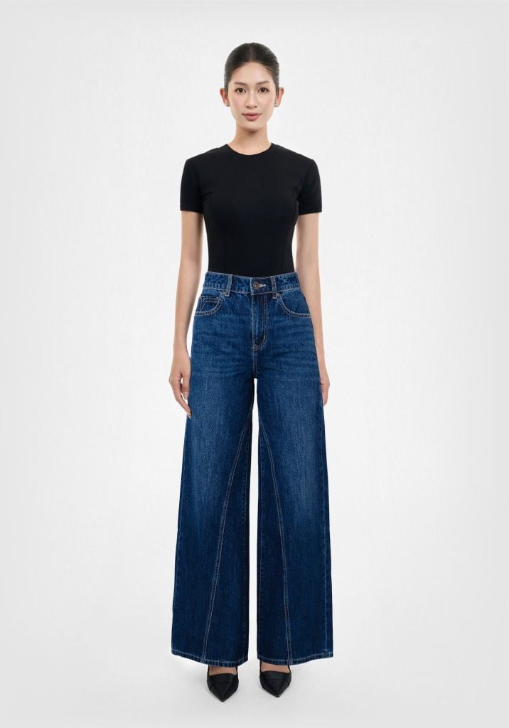 Quần Dài Dáng Wide Leg Ống Suông Rộng Màu Xanh Đậm - Dark Blue Wide Leg Women's Long Jeans - 124WD2085F2